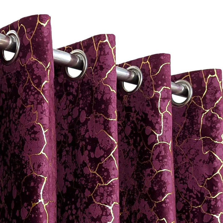 Golden Maroon Textured Velvet Curtain 1 Pair 2 Panels