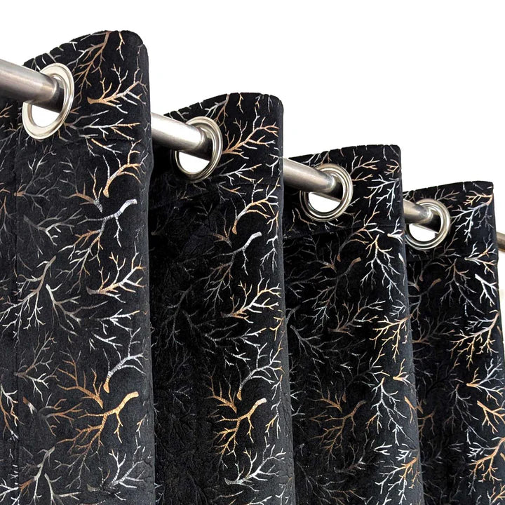 Black Golden Textured Velvet Curtain 1 Pair 2 Panels