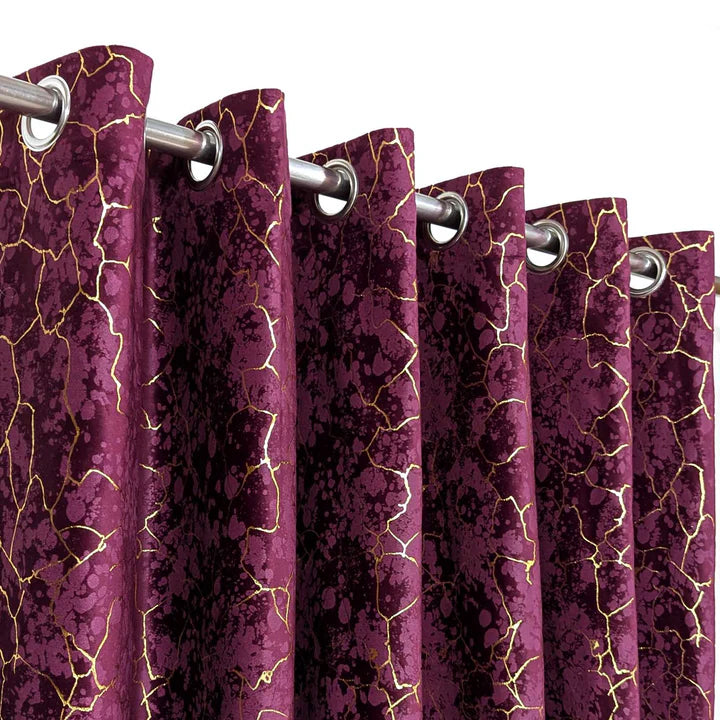 Golden Maroon Textured Velvet Curtain 1 Pair 2 Panels