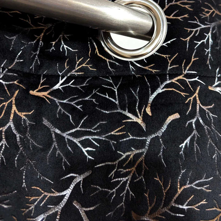 Black Golden Textured Velvet Curtain 1 Pair 2 Panels