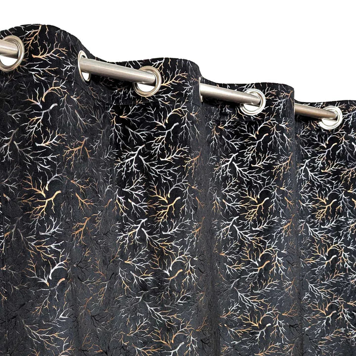Black Golden Textured Velvet Curtain 1 Pair 2 Panels