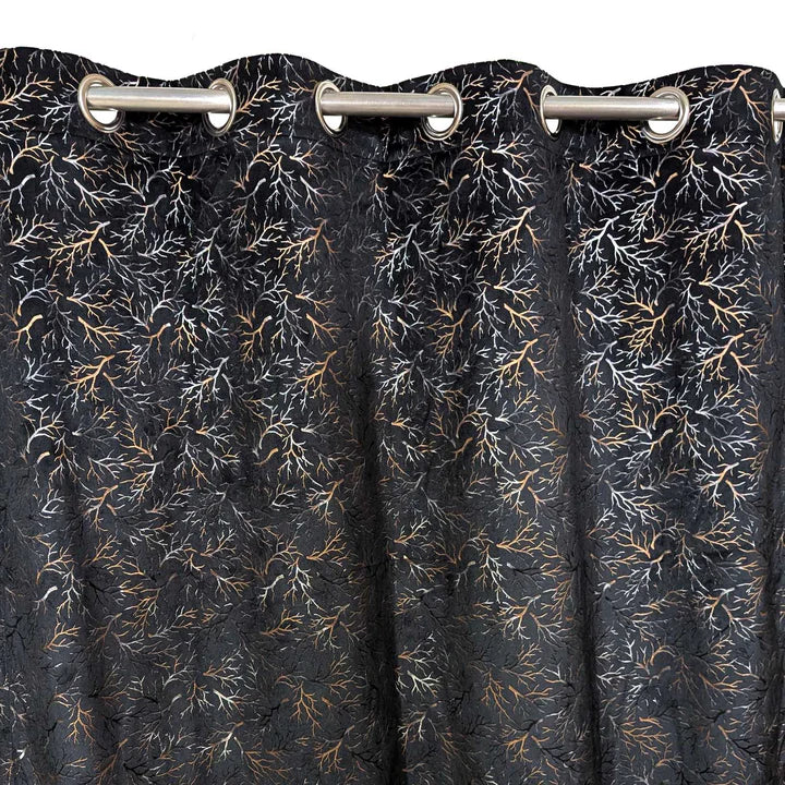 Black Golden Textured Velvet Curtain 1 Pair 2 Panels