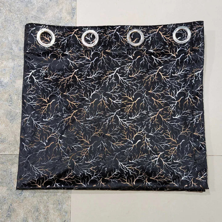 Black Golden Textured Velvet Curtain 1 Pair 2 Panels