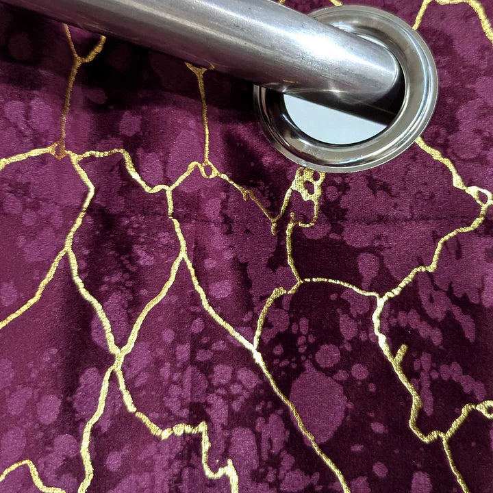 Golden Maroon Textured Velvet Curtain 1 Pair 2 Panels