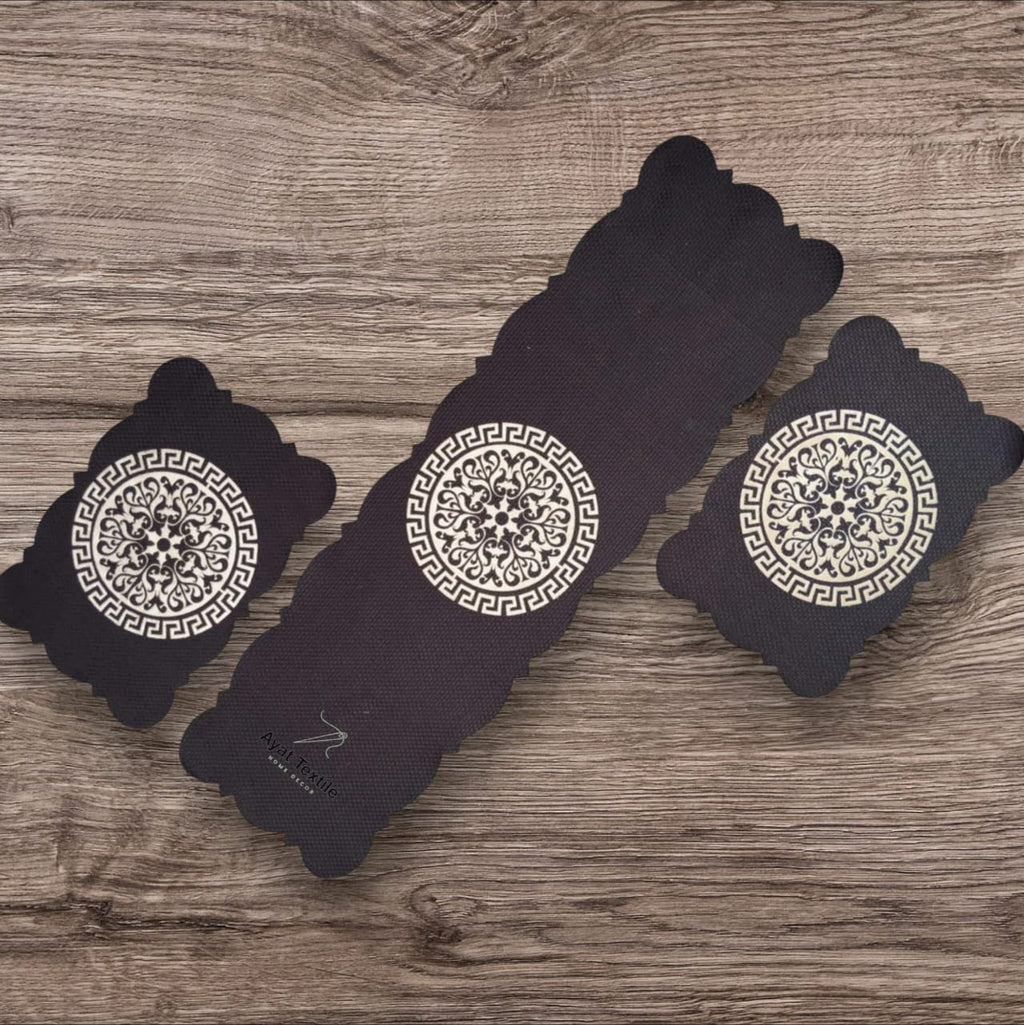 Black 3 PCs Table Runner Set Jute Fabric