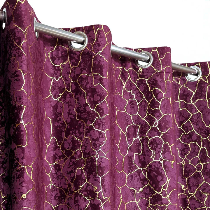 Golden Maroon Textured Velvet Curtain 1 Pair 2 Panels