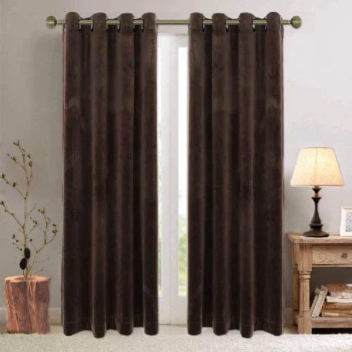 Brown 1 pair 2 Panels Plain Velvet Curtains