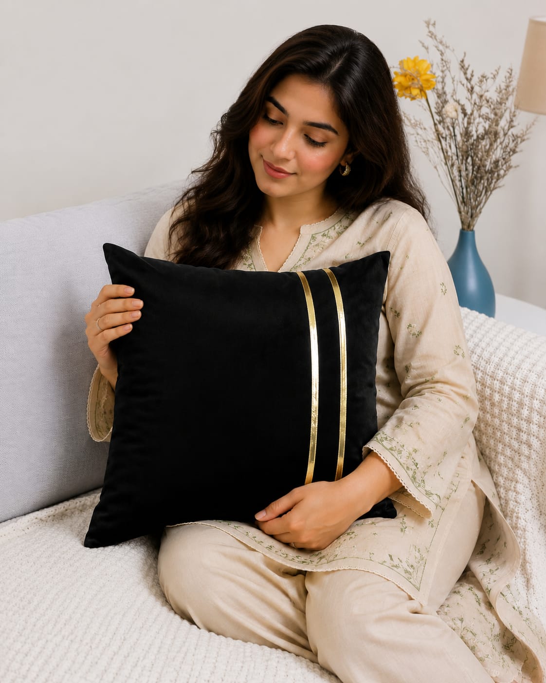 Golden Stripe Laser Cut Velvet Cushion Covers