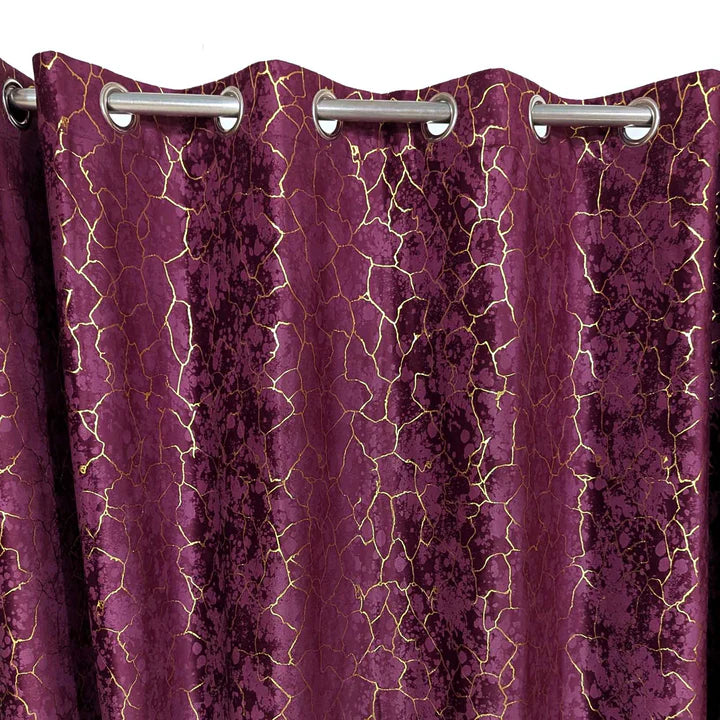 Golden Maroon Textured Velvet Curtain 1 Pair 2 Panels