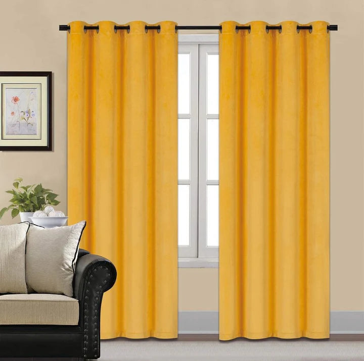 Yellow 1 pair 2 Panels Plain Velvet Curtains
