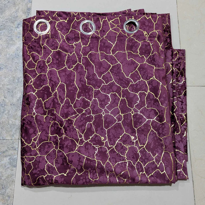 Golden Maroon Textured Velvet Curtain 1 Pair 2 Panels