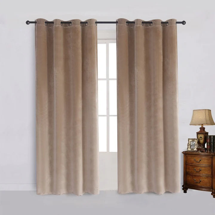 Beige 1 pair 2 Panels Plain Velvet Curtains