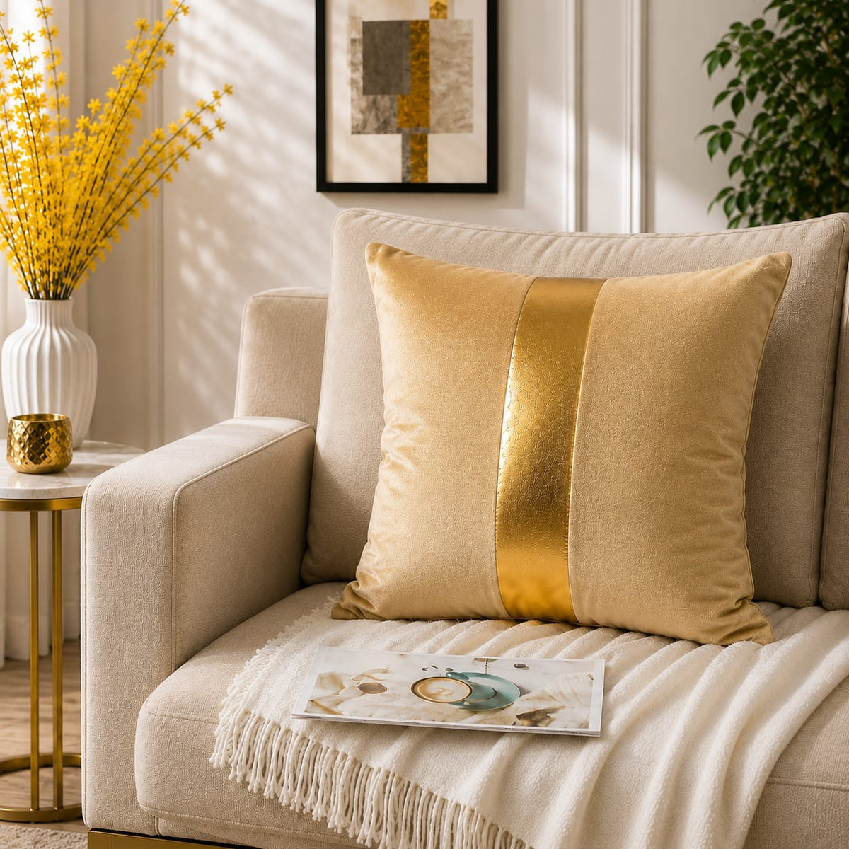 Golden Stribe Laser Cut work Cushion Covers