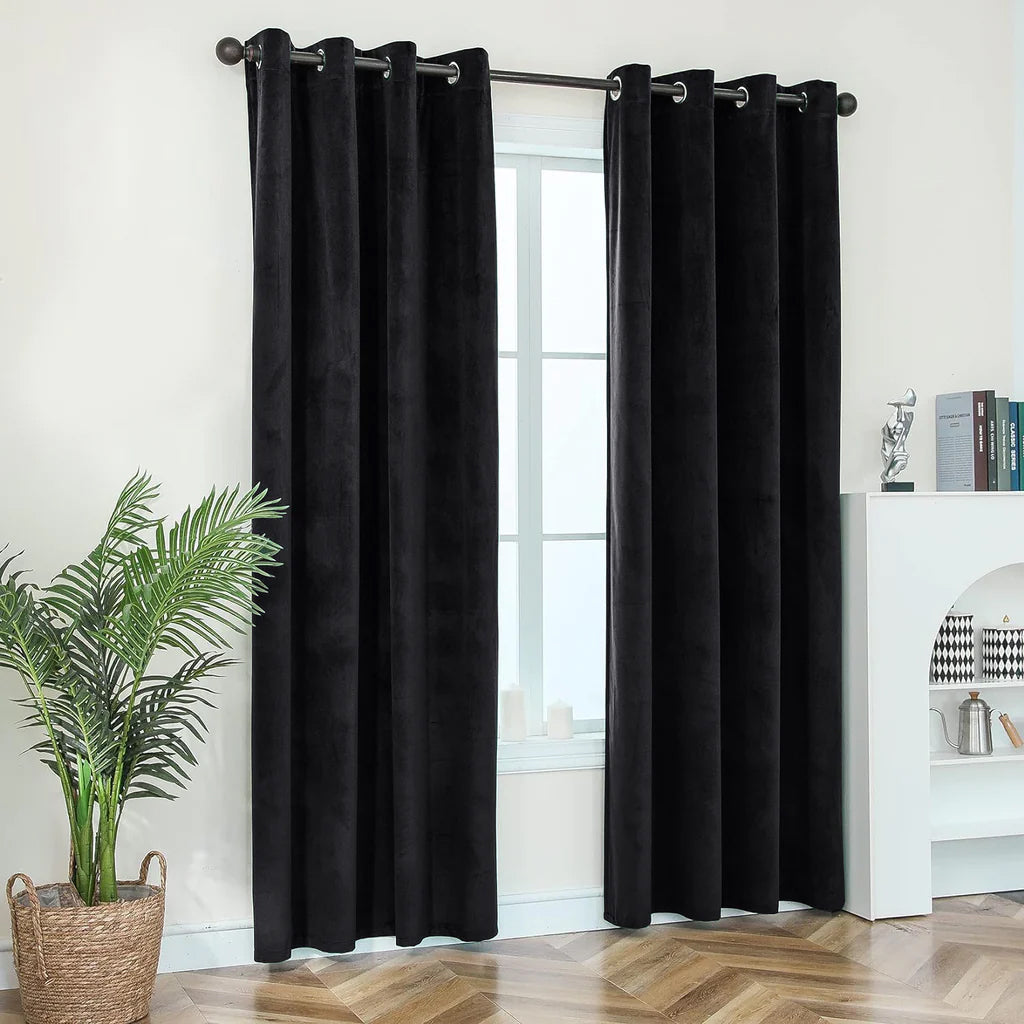 Black 1 Pair 2 Panels Plain Velvet Curtains