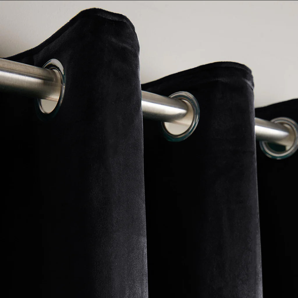 Black 1 Pair 2 Panels Plain Velvet Curtains