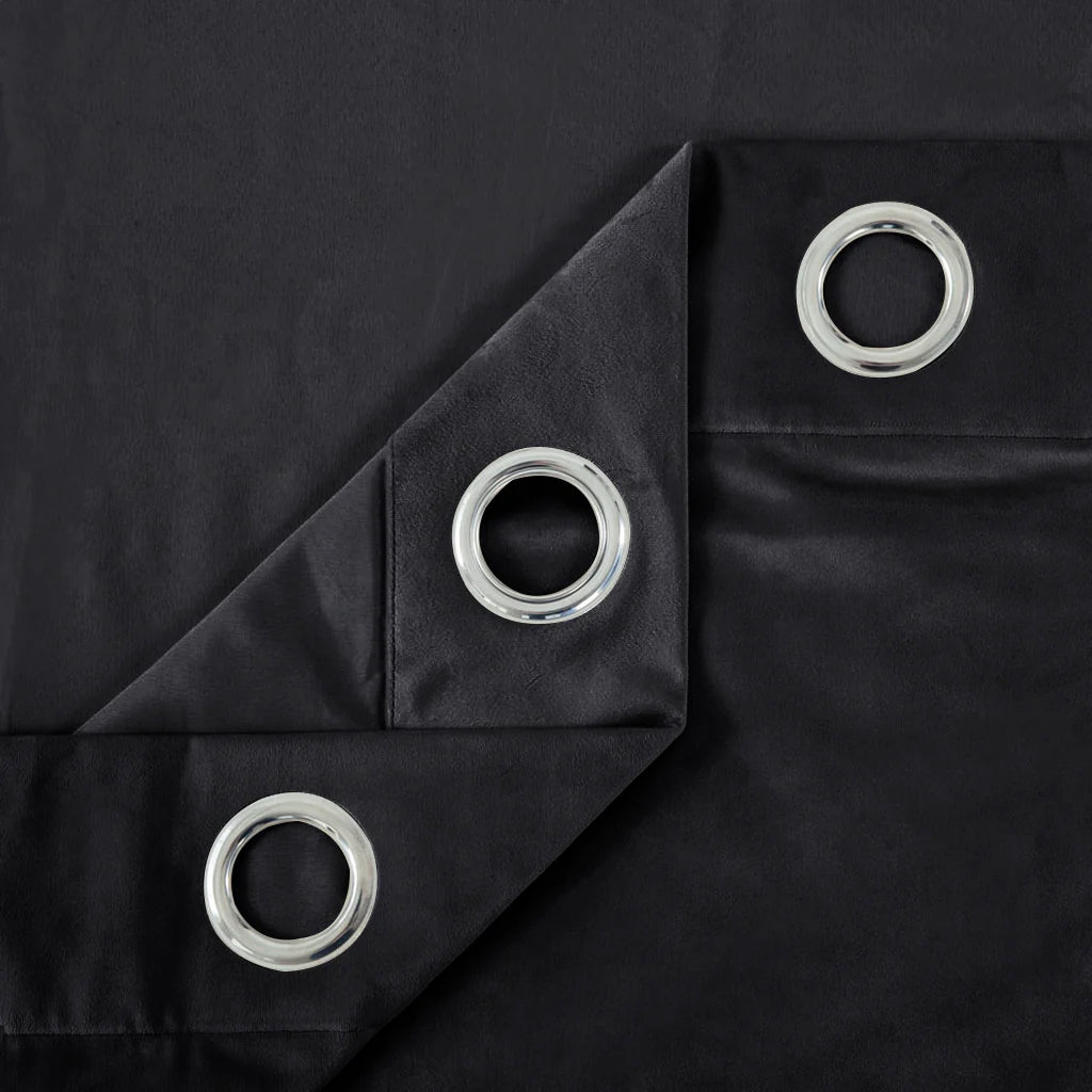 Black 1 Pair 2 Panels Plain Velvet Curtains