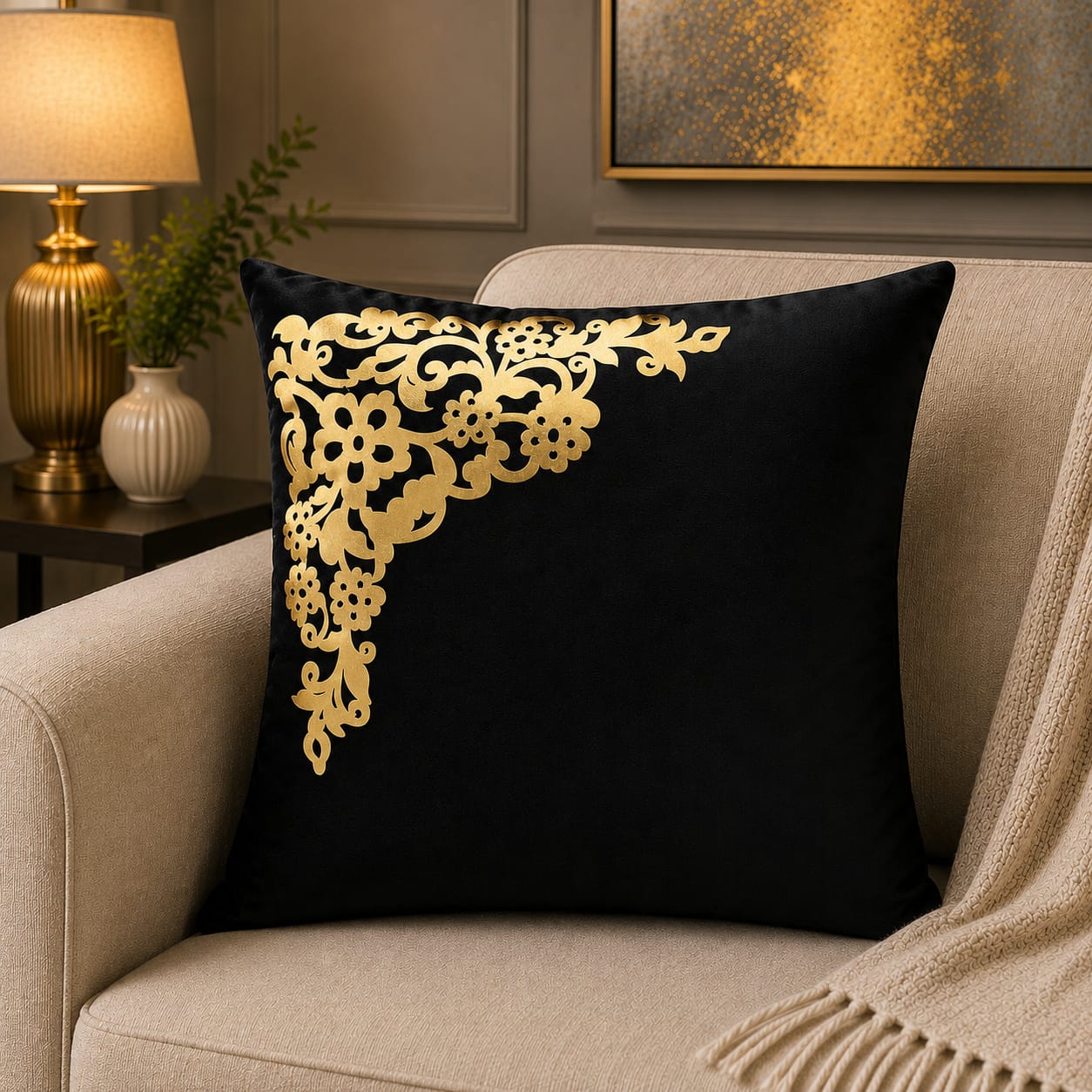 Corner Motive Lather and Velvet Cushion Covers
