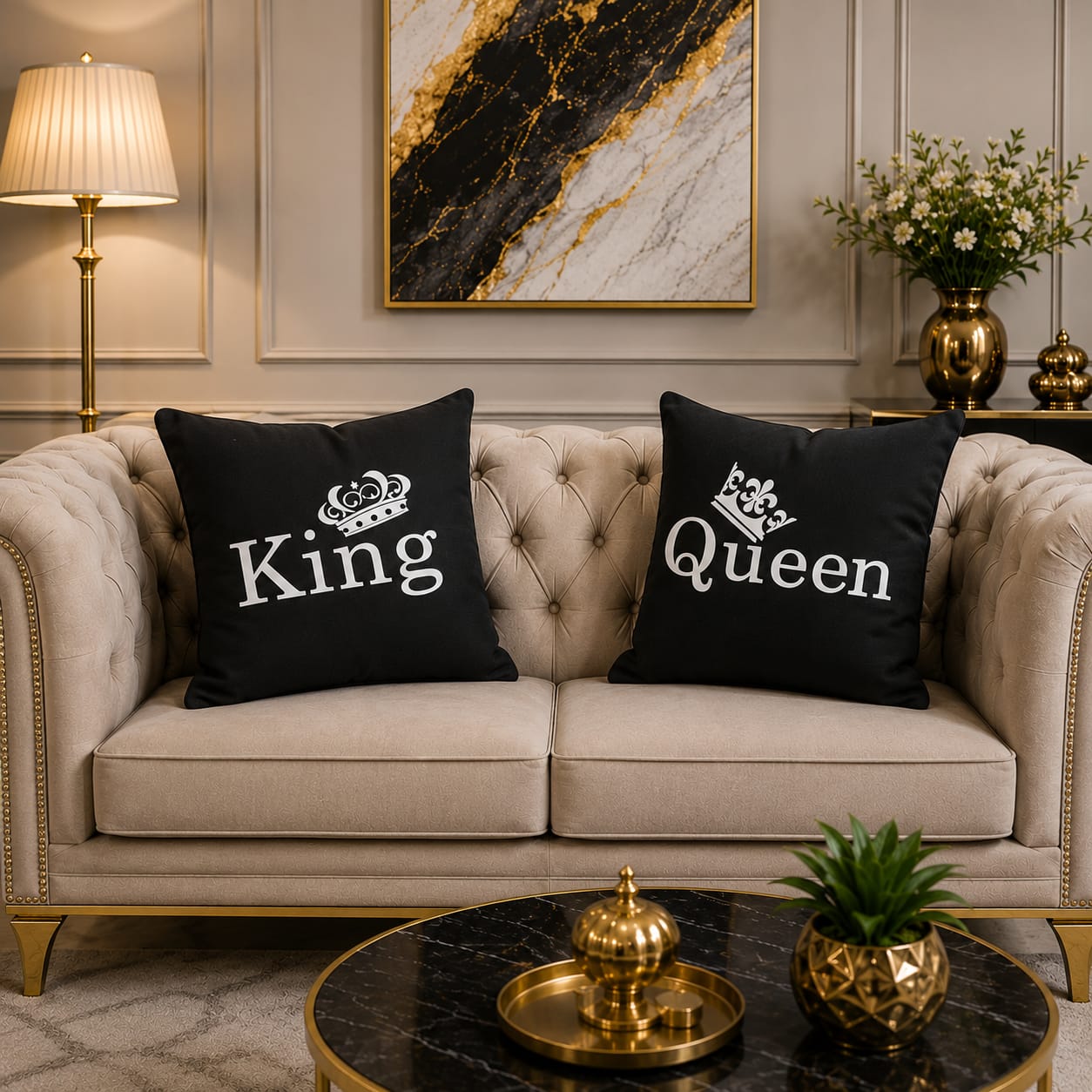 2 PCs King & Queen Aplic Work Velvet Cushion Covers