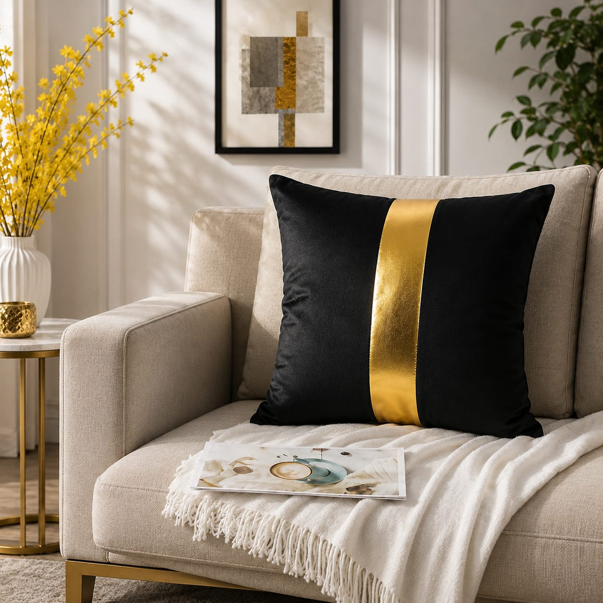 Golden Stribe Laser Cut work Cushion Covers