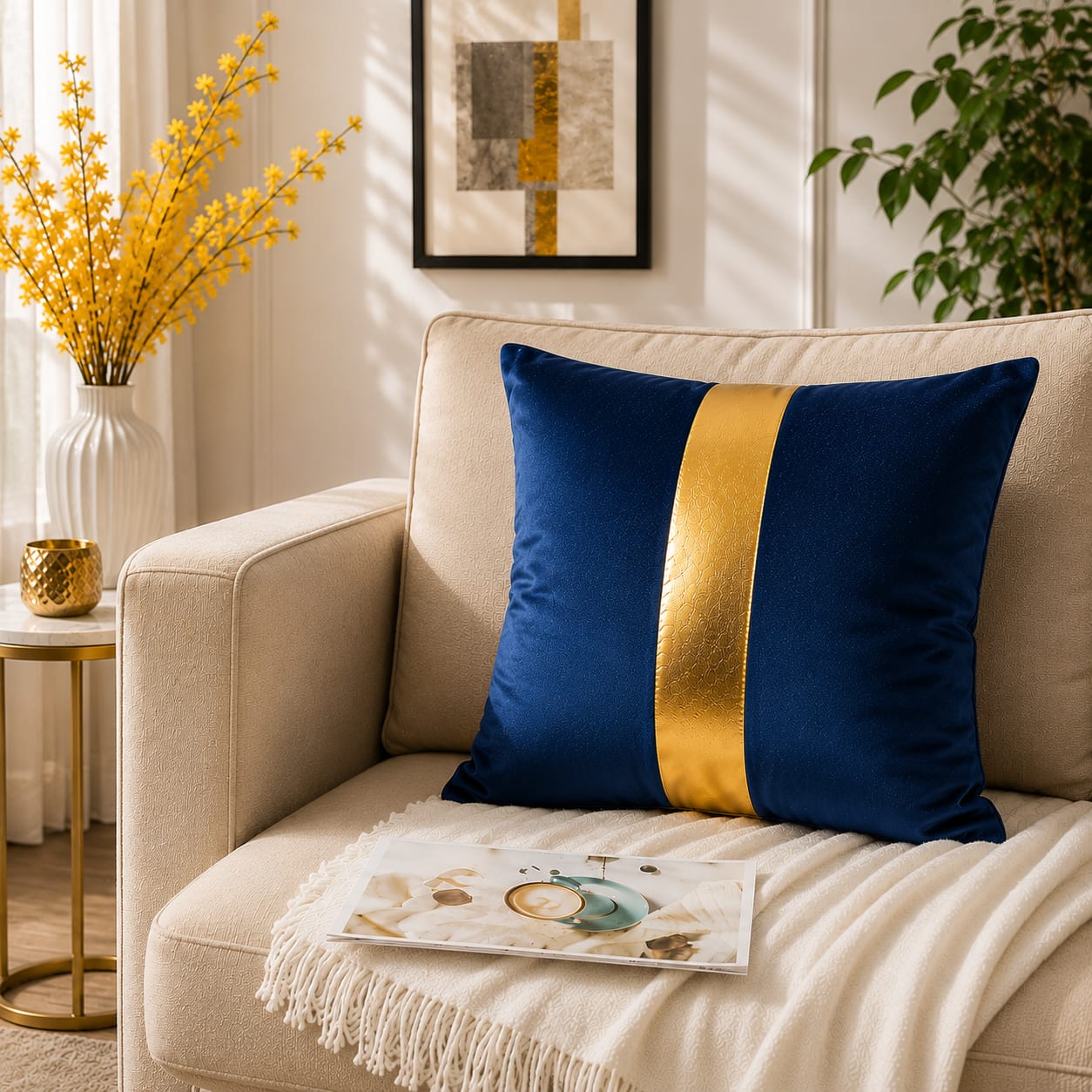 Golden Stribe Laser Cut work Cushion Covers