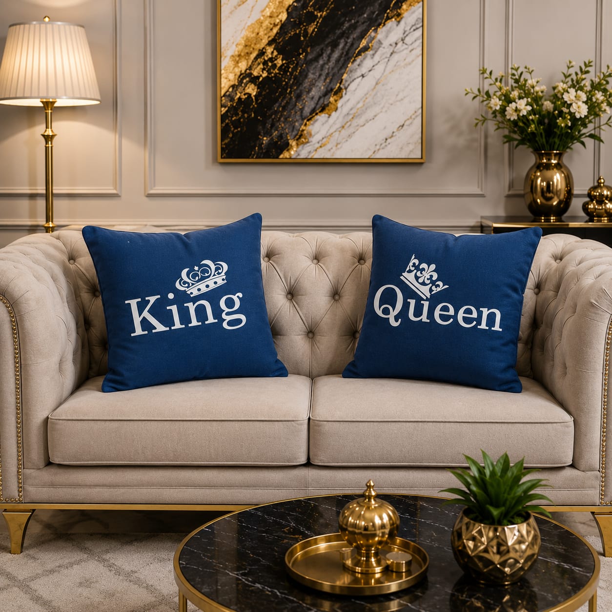 2 PCs King & Queen Aplic Work Velvet Cushion Covers