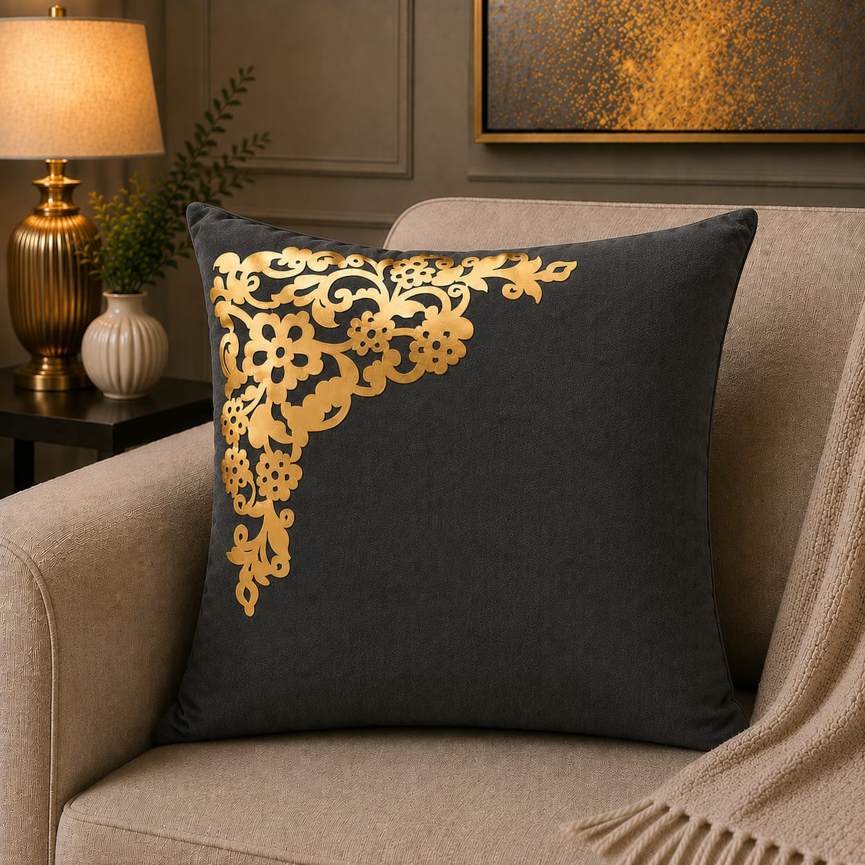 Corner Motive Lather and Velvet Cushion Covers