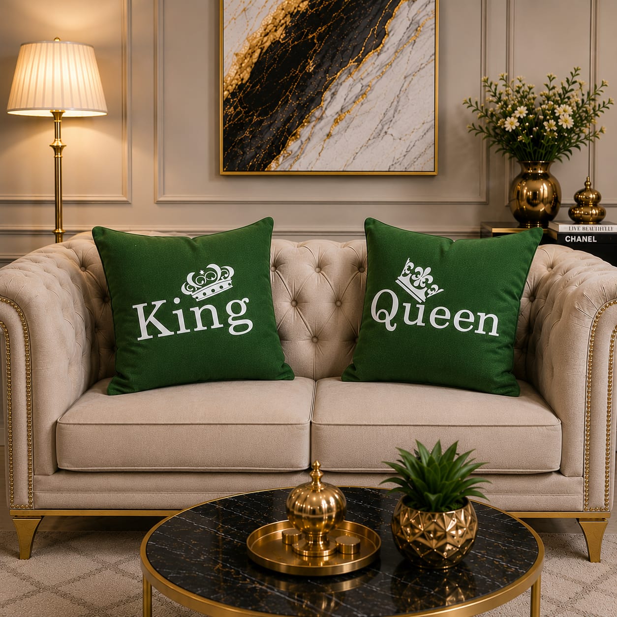 2 PCs King & Queen Aplic Work Velvet Cushion Covers