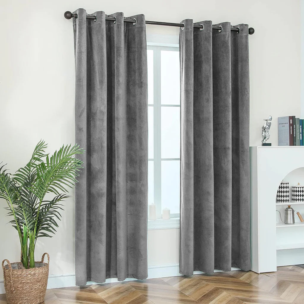 Grey 1 Pair 2 Panels Plain Velvet Curtains