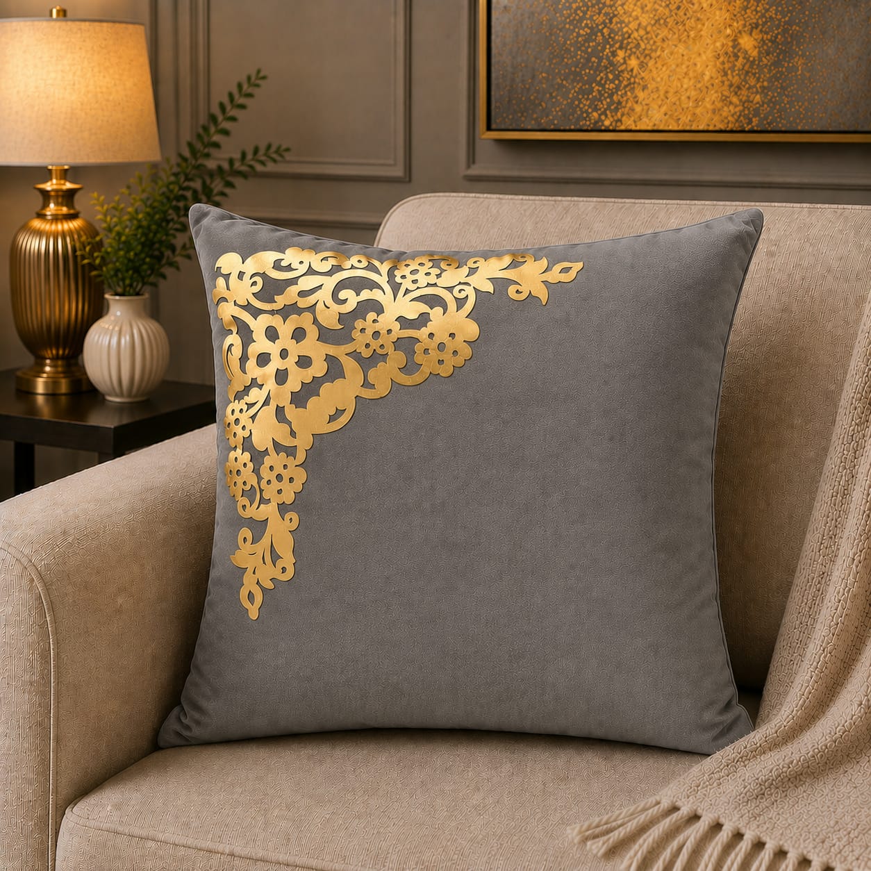Corner Motive Lather and Velvet Cushion Covers