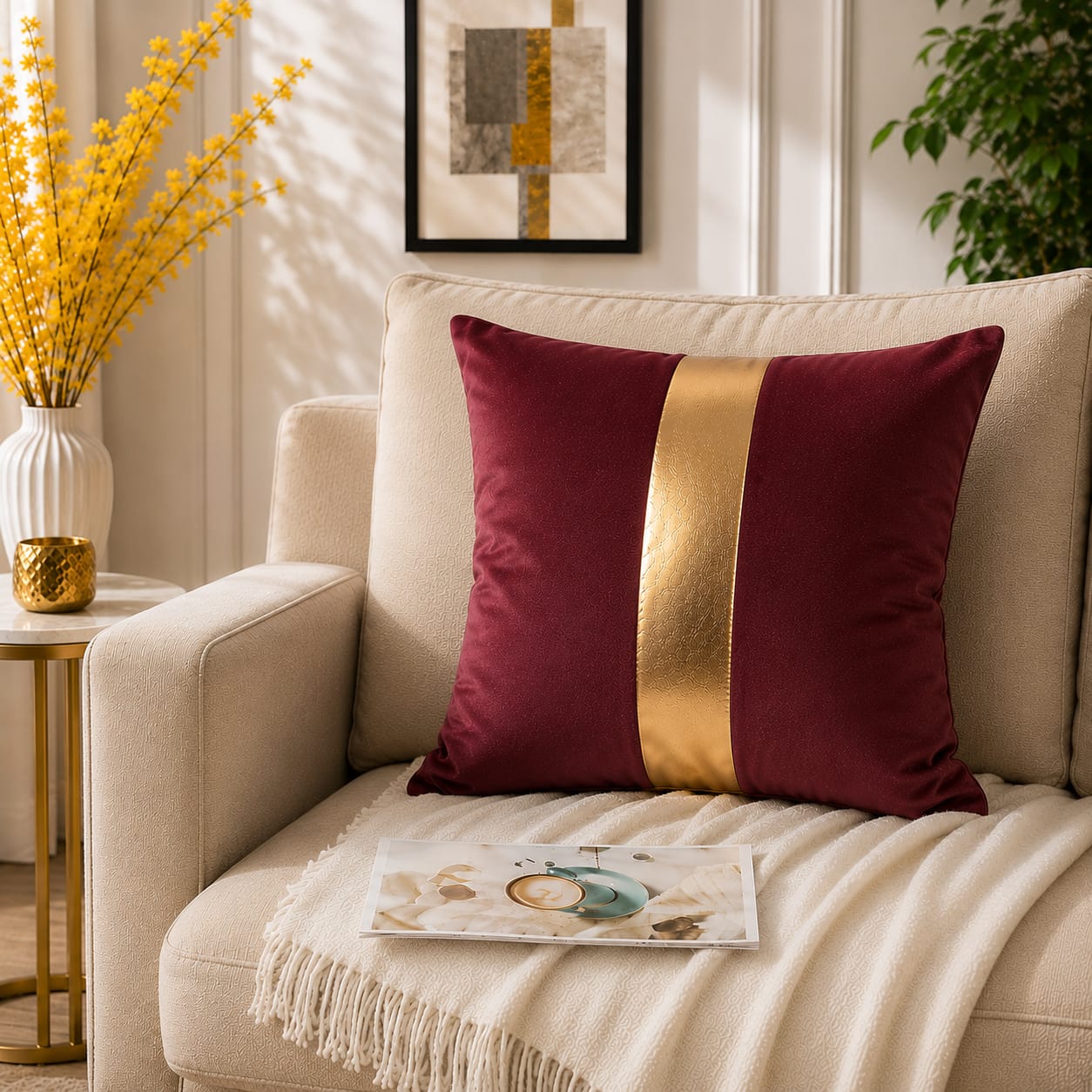 Golden Stribe Laser Cut work Cushion Covers