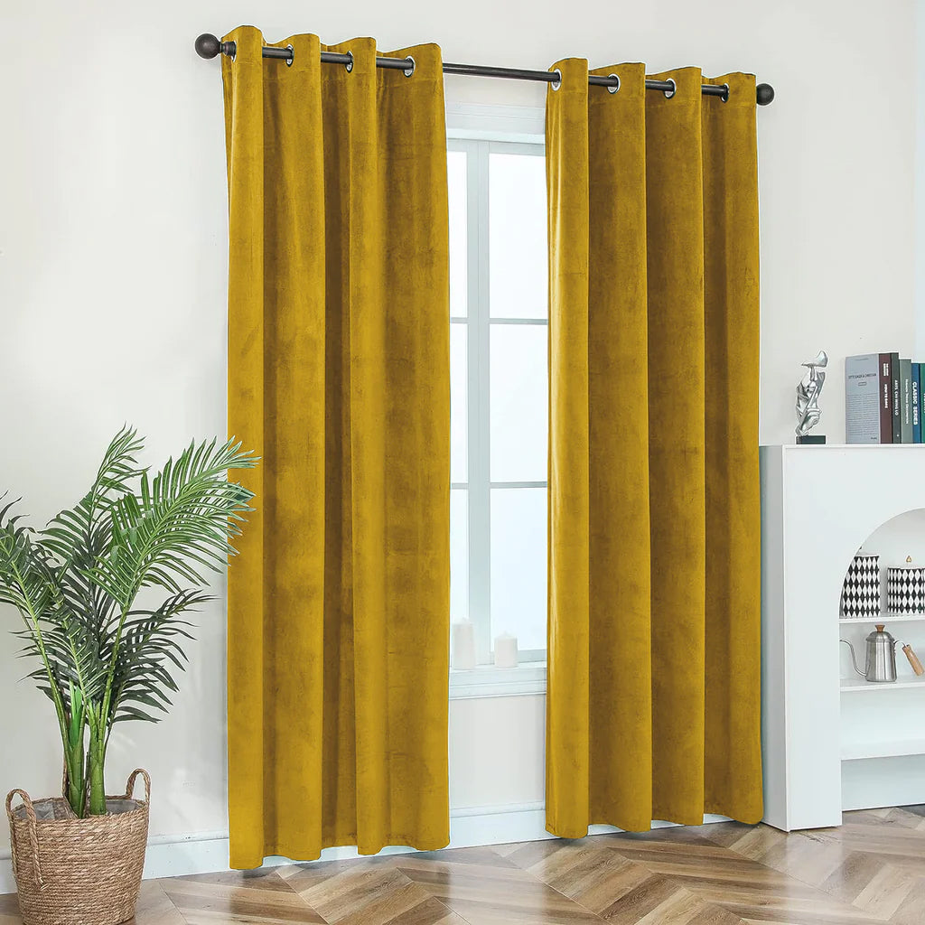 Mustard 1 Pair 2 Panels Plain Velvet Curtains