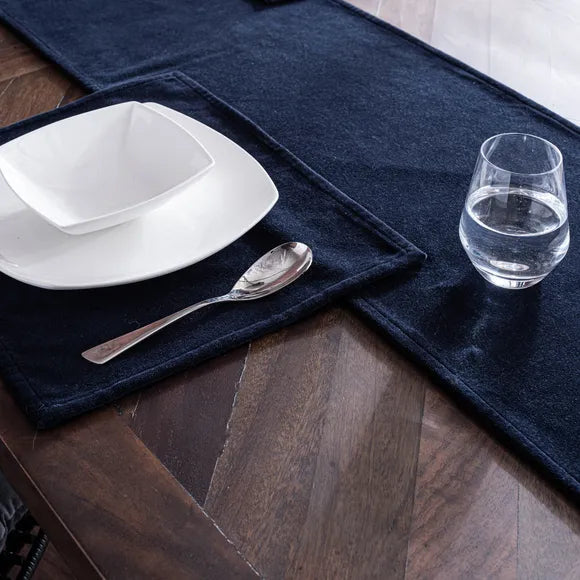 Navy Blue Plain Velvet 3 PCs Table Runner Mats Set