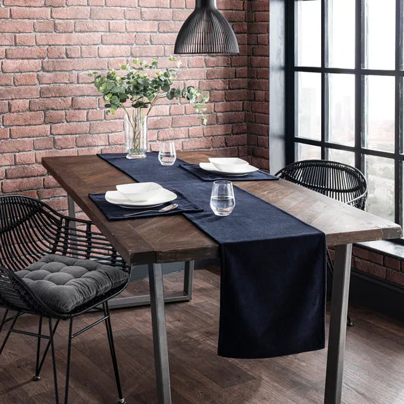 Navy Blue Plain Velvet 3 PCs Table Runner Mats Set