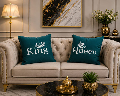 2 PCs King & Queen Aplic Work Velvet Cushion Covers