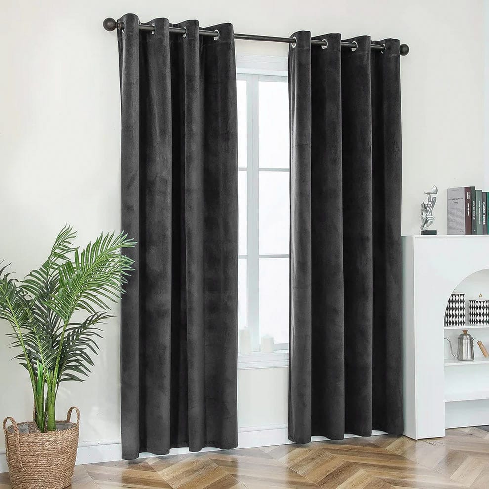 Dark Grey 1 Pair 2 Panels Plain Velvet Curtains
