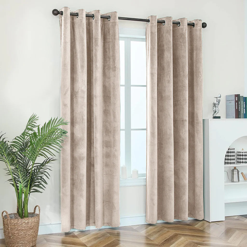 Beige 1 Pair 2 Panels Plain Velvet Curtains