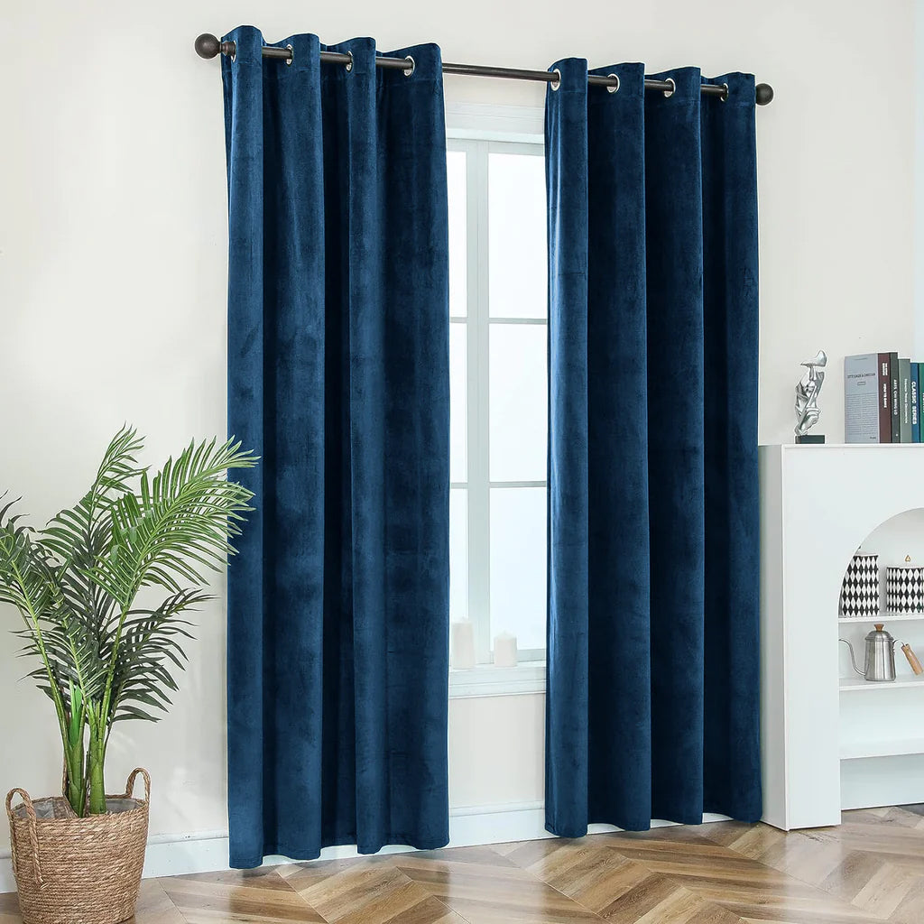 Blue 1 Pair 2 Panels Plain Velvet Curtains