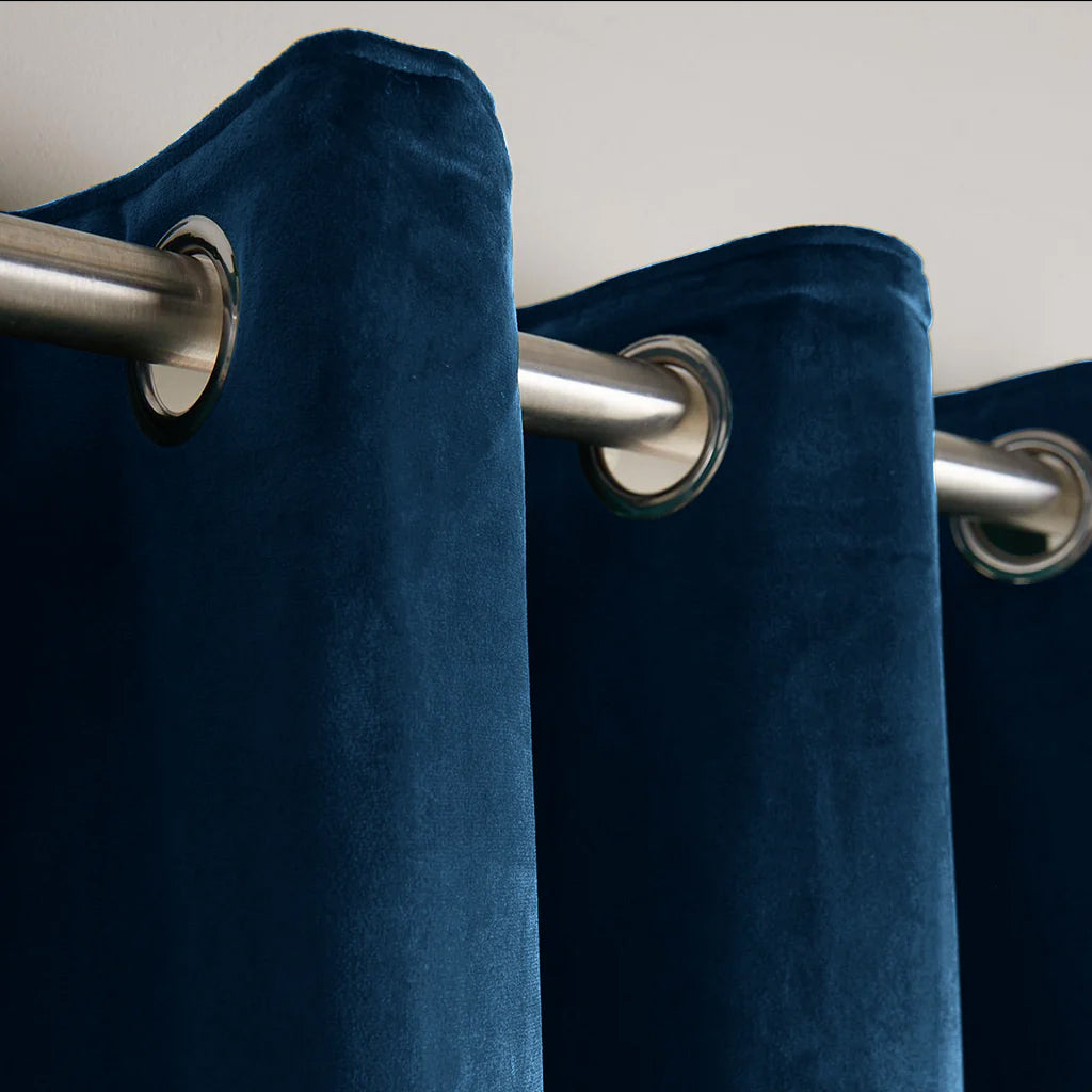 Blue 1 Pair 2 Panels Plain Velvet Curtains