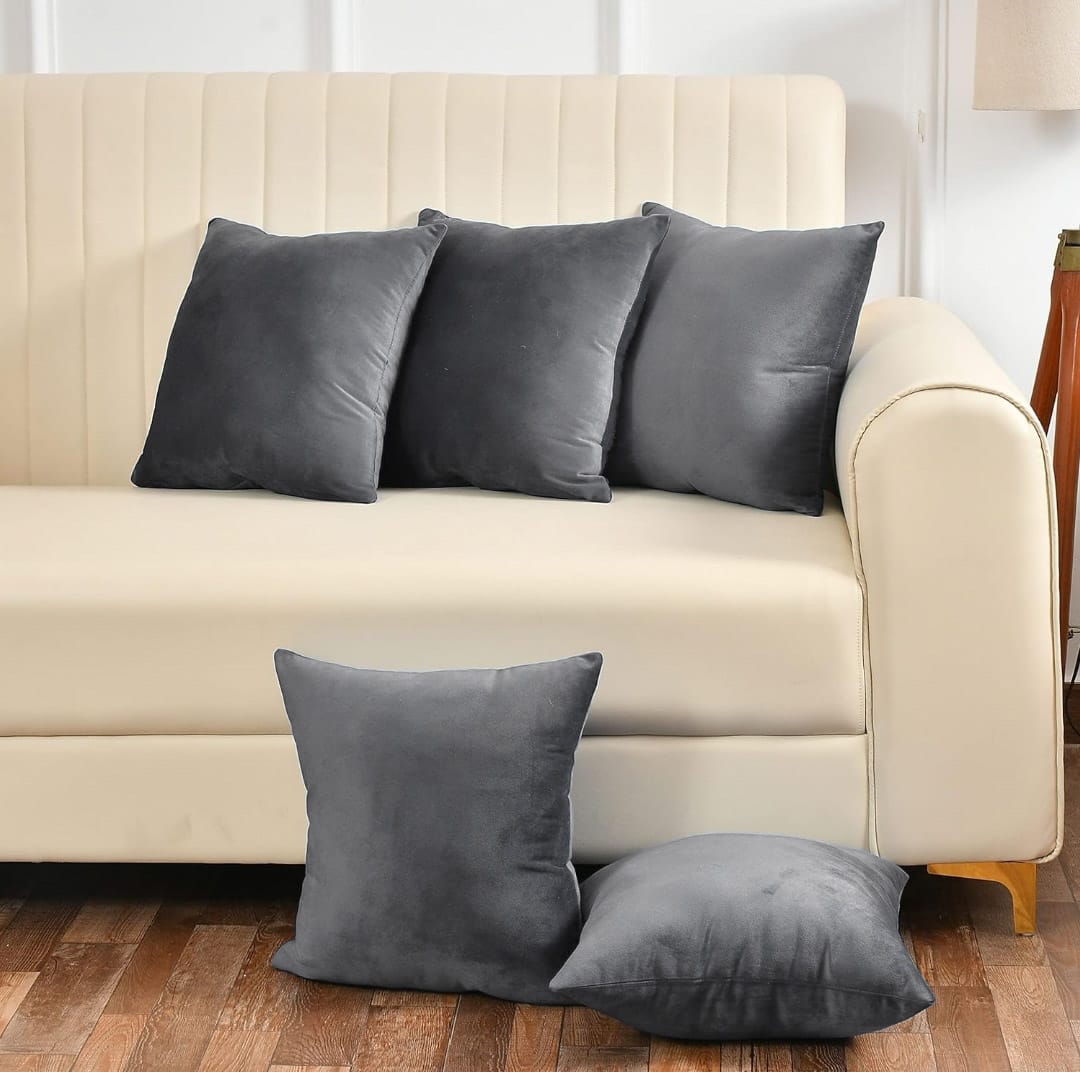 Grey Pack Of 5 Plain Velvet Cushion Covers