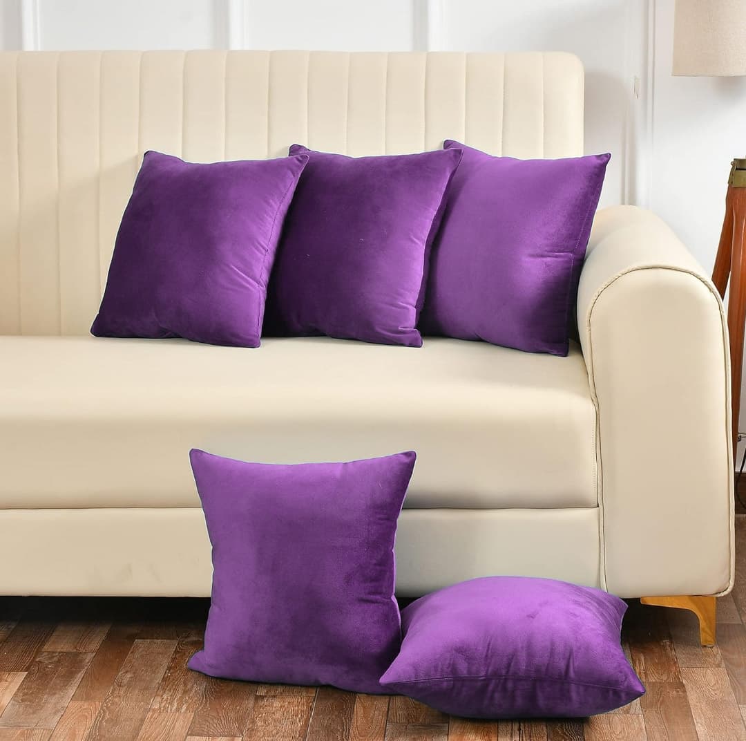 Purple Pack Of 5 Plain Velvet Cushion Covers